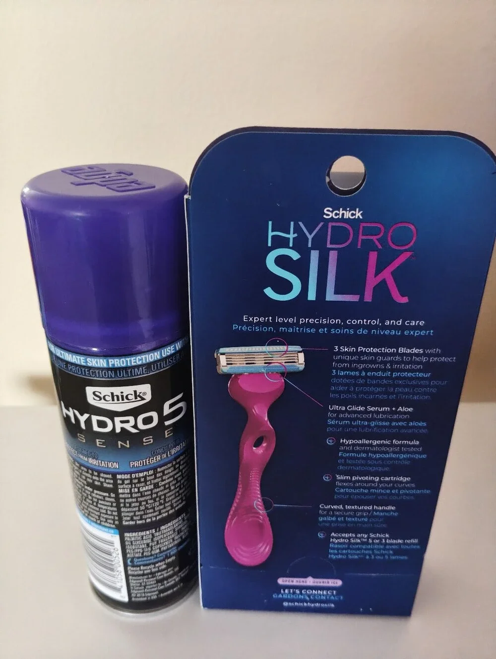 Schick Hydro Silk Pink Razor with Purple Shave Gel Can